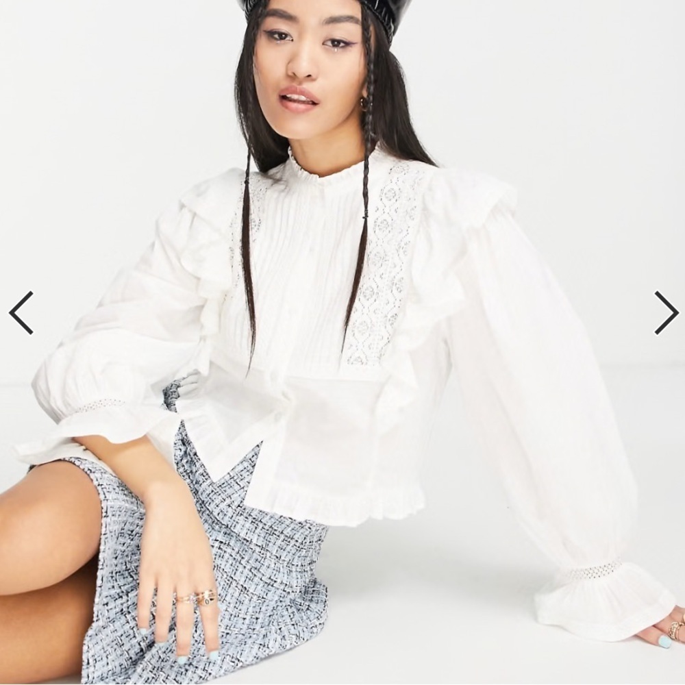 Miss Selfridge Top White Lace Ruffle‎ Bloused Long Sleeve size 8